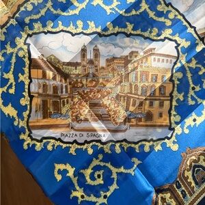 NIB Vintage Roma Italy Souvenir Scarf-Blue/Gold Architectural 38"x38"
